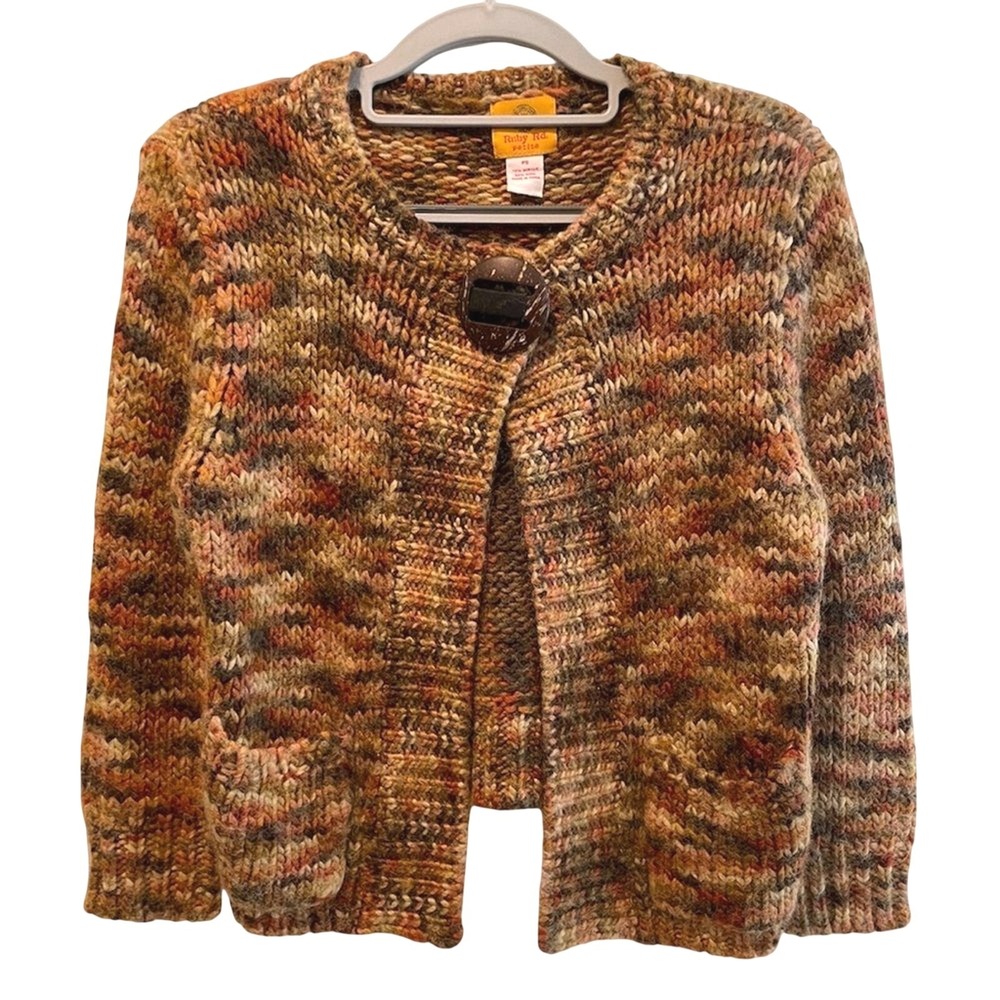 Ruby Rd Petite Womens Brown Multicolor Chunky Wool Blend Cardigan Sweater PS